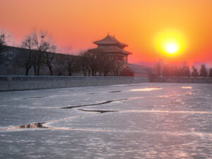 Sunset Reflecting on the Icy Moat of the Forbidden City