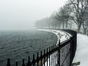 Experience a Solitary Reservoir Walk on a Stormy Day in New York City. Walking into the fog, it feels like the end of the world instead of the middle of Gotham.